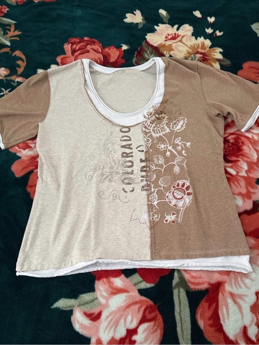 Women’s Two-Tone Beige & Tan Scoop Neck Top